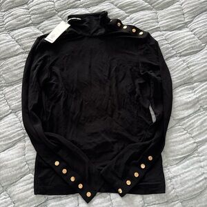 Tory Burch Black Long Sleeve Mock Neck Top with Gold Buttons